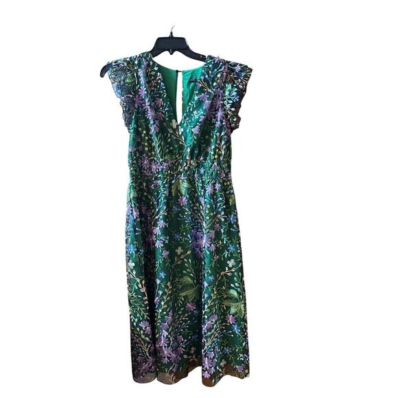 Maggie London Green Floral Embroidered Ruffle Sleeveless A-Line Midi Dress 10 - Picture 6 of 10